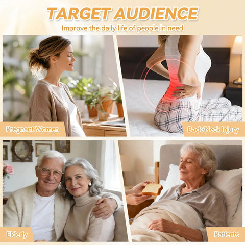Images showing target audience for Cyanvine Electric Lifting Backrest For Bed With Remote Control: pregnant women, elderly, patients with back/neck injuries.