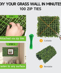DIY setup of Eight Piece 10 By 10 Inch Artificial Grass Wall Panels With 100 Zip Ties for easy indoor or outdoor installation.
