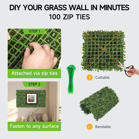 DIY setup of Eight Piece 10 By 10 Inch Artificial Grass Wall Panels With 100 Zip Ties for easy indoor or outdoor installation.