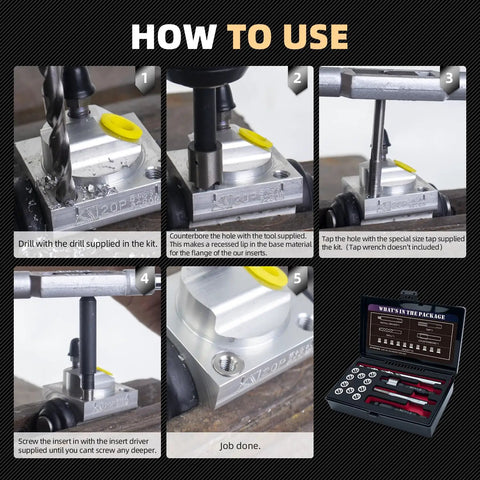 Instructional guide for Stainless Steel M7x1.0 Thread Repair Kit With Inserts, Drill, Tap, Counterbore And Installation Driver, 10 Pieces.