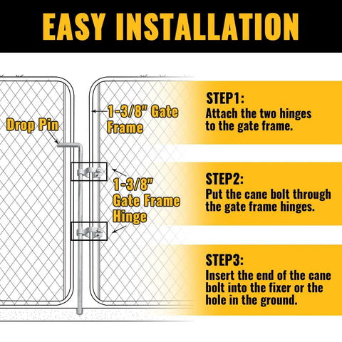 Installation diagram of Heavy Duty Gate Drop Rod One And Three Eighths Inch By Thirty Two Inch Cane Bolt For Chain Link Fence