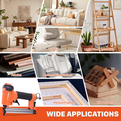 Badass Pneumatic Staple Gun That Knocks Out 22 Gauge Fasteners Without Any Hang Ups And Provides Ridiculously Smooth Operation For Reupholstering Chairs While Crushing Weekend Woodworking Builds in action on various materials.