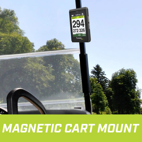 Swami Max Handheld Golf GPS Rangefinder With Oversized 3.5 Inch Color Screen on magnetic cart mount on golf course.
