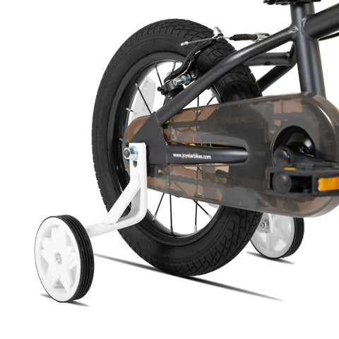 Rear wheel close-up of Lomand 16 Inch Kids Bike With Training Wheels For Boys And Girls Ages 4 To 7, Safe Durable BMX Style Bicycle In Gray.