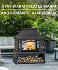 39 Inch Fire Pit With Wood Storage For Outside Large Wood Burning Outdoor Fireplace With Chimney Mesh Spark Screen And Fire Poker Perfect For Backyard Hangouts Patio Parties Camping And Picnics on patio with fire and wood storage