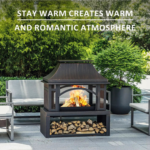 39 Inch Fire Pit With Wood Storage For Outside Large Wood Burning Outdoor Fireplace With Chimney Mesh Spark Screen And Fire Poker Perfect For Backyard Hangouts Patio Parties Camping And Picnics on patio with fire and wood storage