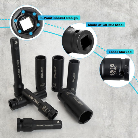 One Half Inch Drive Impact Socket Set, CR MO Steel, laser-marked, showing 6-point design and various standard and deep sockets.