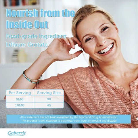 Smiling woman with text promoting Low Dose Lithium Orotate Gummies For Daily Balance And Brain Health on image.