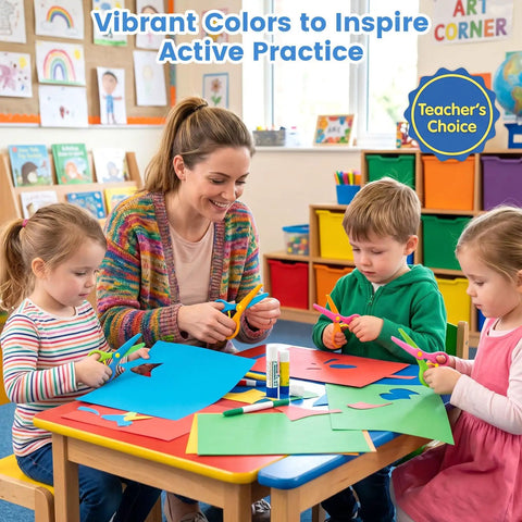 Children using Toddler Safety Scissors 4-Piece Set With Blunt Tips For Preschoolers in classroom arts and crafts activity.