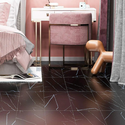 Room with Black Peel And Stick Floor Tiles 12x12 Inch 32 Count Self Adhesive Vinyl Faux Wood Grain Waterproof Flooring