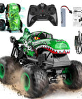 Green Monster Truck Remote Control Car With Lights And Music 1 To 20 Scale RC Truck For Kids Aged 4 To 7, 360 Degree Spins, and Controller