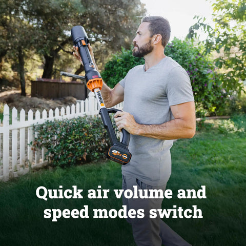 Person using Nitro Cordless Leaf Blower With 410 CFM Airflow And 130 MPH Turbo Power, Ultra Lightweight At 3.8 Lbs, in a garden setting