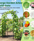 Garden Arbor With Gate And Planter, Metal Arch Trellis With Double Doors, in a garden setup with climbing plants