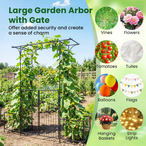Garden Arbor With Gate And Planter, Metal Arch Trellis With Double Doors, in a garden setup with climbing plants