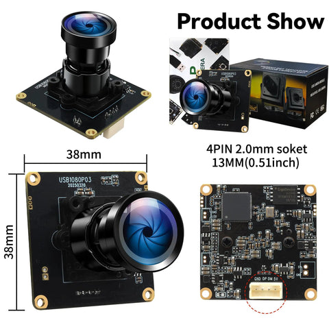 Starvis USB Camera Module 0.001Lux Ultra Low Light H264 HDR 1080P Security Webcam Module With 110 Degree Wide Angle Lens Plug And Play For Linux Windows Raspberry Pi shown with dimensions and circuit details
