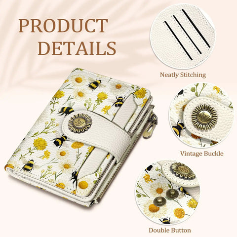 Floral Bee Small Wallet For Women With RFID Blocking Bifold Card Holder Zipper Coin Pocket PU Leather with vintage buckle