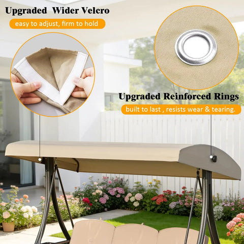 Khaki One-Piece Outdoor Swing Canopy Replacement Cover For 3-Seat Porch Swing shown with reinforced rings and velcro closure detail