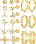 Gold Stud Earrings Set For Women With Nine Pairs Of CZ Flower, Ball, And Star Huggie Hoops For Multiple Piercings, Flat Back Cartilage Tragus Earrings, Stacks, Gold Silver Plated, Everyday Shine. 10mm gold plated CZ studs and hoops set