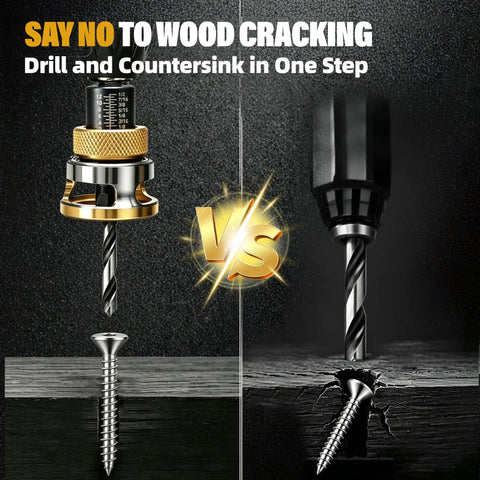 Built Like A Tank 4 Piece Countersink Drill Bit Set With Adjustable Depth Stop And Sturdy L Wrench, demonstrating drilling vs countersinking.