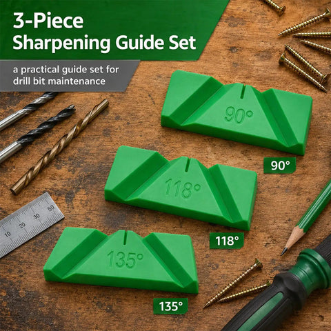 Top Notch 3 Piece Drill Bit Sharpener Guide Jig Kit For Manual Bench Grinder Angle Tool Featuring 90 118 And 135 Degree Settings viewed on a wooden surface.