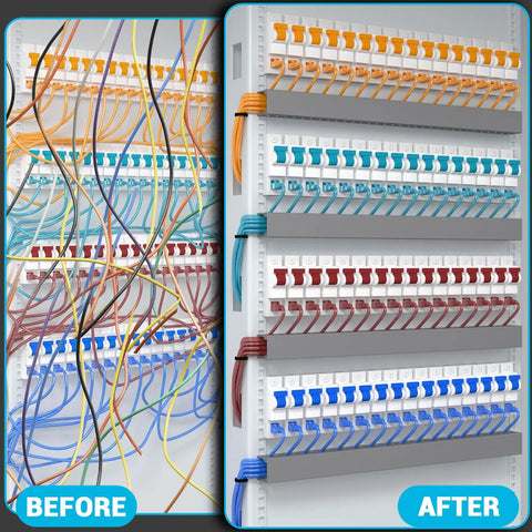 Before and after using Open Slot Cable Duct Kit 62.8 Inches Four Pack Cable Management Raceway for under desk wires, grey channels