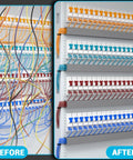 Before and after use of Open Slot Wire Duct Kit for Desk and Server Racks, showing organized cable management in 8-channel grey raceways.