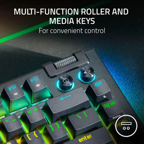 Multi-function roller and media keys on Slick Compact 75 Percent Mechanical Gaming Keyboard With Hot Swap Sockets.
