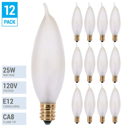 25W Flame Tip Frosted Candelabra Light Bulbs, E12 Base, 120V Incandescent Dimmable Warm White For Chandeliers Pendants Ceiling Fans And Sconces, Pack Of 12 displayed