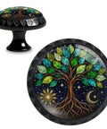 Slick Tree Of Life Sun And Moon Cabinet Knobs 4 Pack, detailed stained glass leaves, 35mm black cabinet knob design.