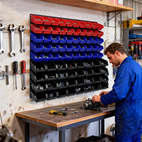 Wall Mounted Garage Storage Bin Kit 94 Piece Organization System with labeled bins on wall above workbench in use.