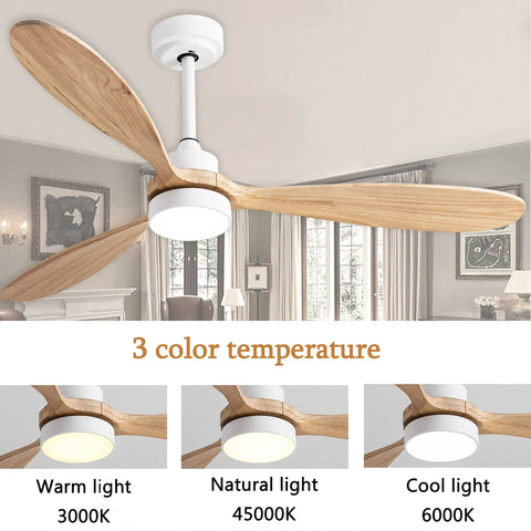 Cool 52 Inch Wood Ceiling Fan With Light And Remote, 6 Speed Quiet DC Motor, with 3 color temperature options displayed