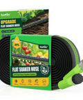 Flat Soaker Hose 15 Foot for Garden With Anodized Aluminum Ends Drip Hose Flexible Lightweight Soaking System Save 80 Percent Water and Hydrate Roots Evenly packaging and coiled hose with garden scene illustration