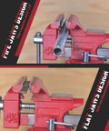 Heavy Duty Bench Vise Featuring A 4.5 Inch Jaw Width And 3 Inch Opening, showcasing pipe and flat jaw designs with durable red finish.
