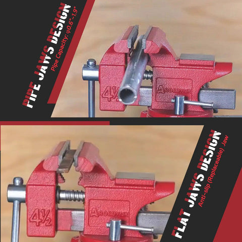 Heavy Duty Bench Vise Featuring A 4.5 Inch Jaw Width And 3 Inch Opening, showcasing pipe and flat jaw designs with durable red finish.