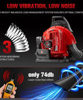 Gas Backpack Leaf Blower With 63cc Beast Mode Power, 665 CFM, red model showing low vibration and noise features