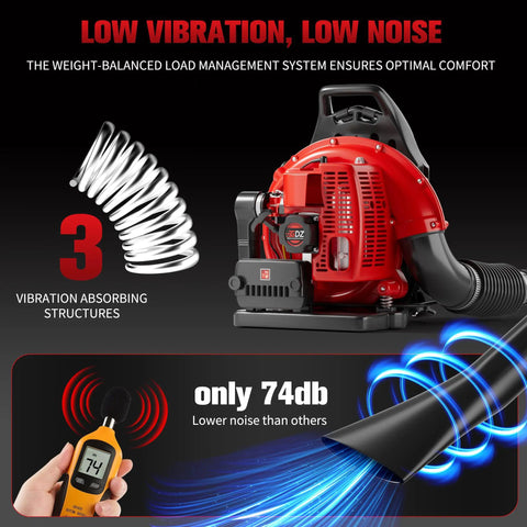 Gas Backpack Leaf Blower With 63cc Beast Mode Power, 665 CFM, red model showing low vibration and noise features