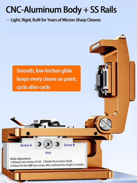 Fiber Optic Cleaver For FTTH With 16 Face Tungsten Blade Delivers 48,000 Cuts And Sub 0.5 Degree Precision, close side view