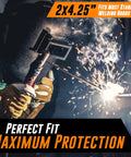 Welder wearing helmet with Premium 0.04 Inch Clear Welding Lens 2x4.25 For Welding Helmets Replacement Lens For Standard Helmets.