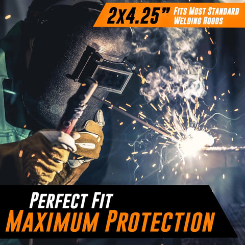 Welder wearing helmet with Premium 0.04 Inch Clear Welding Lens 2x4.25 For Welding Helmets Replacement Lens For Standard Helmets.