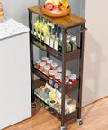 Side view of 4 Tier Slim Rolling Storage Cart With Wood Top For Narrow Spaces Between Appliances in a kitchen