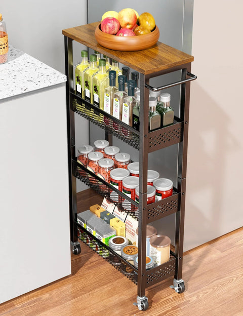 Side view of 4 Tier Slim Rolling Storage Cart With Wood Top For Narrow Spaces Between Appliances in a kitchen