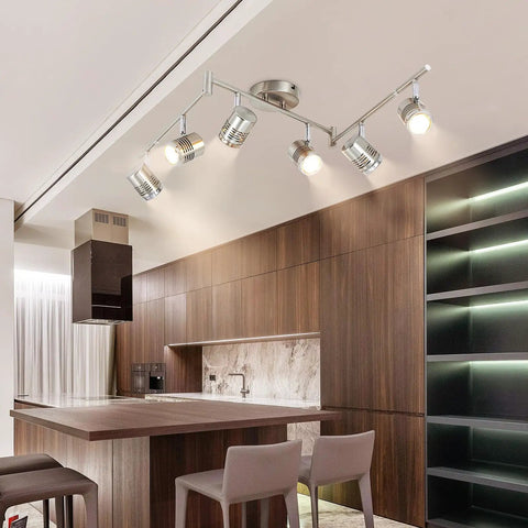 6 Light Track Lighting Fixtures With Swing Arm Heads for Kitchen and Living Room installed over kitchen area