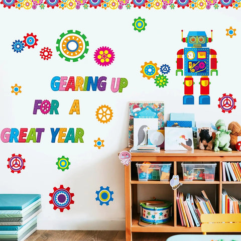 Gear Up Your Classroom With 52 Piece Robot Bulletin Board Set Featuring Gear Cutouts Robot Cutouts Bulletin Borders And Adhesive Dots