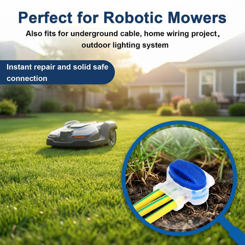 3 Way Waterproof Wire Connectors Kit For 22 To 14 AWG Cables, installed in outdoor lawn setting with robotic mower.
