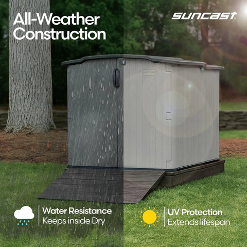 138 Cu Ft Horizontal Outdoor Storage Shed With Glidetop Sliding Lid Weatherproof Resin Shed With Floor For Bikes Motorcycles And Lawn Mower Heavy Duty Easy Access Made In The USA, showcasing all-weather construction with water resistance and UV protection.