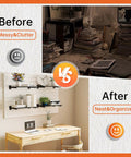 Before and after image of a room using Six Shelf Wood Slatwall Shelves Kit With 12 Steel Brackets For Garage, Home Improvement And Retail Display.