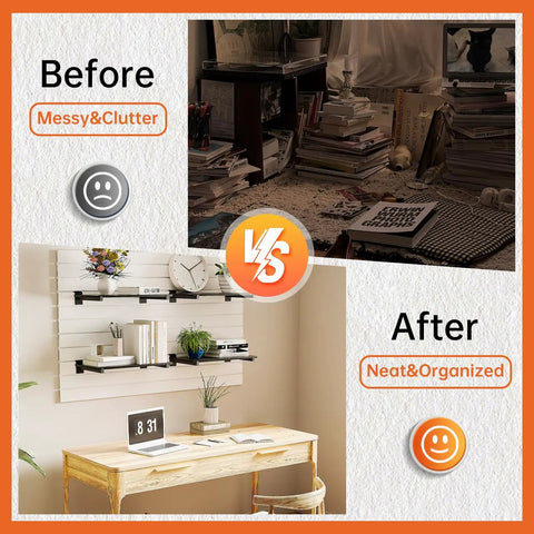Before and after image of a room using Six Shelf Wood Slatwall Shelves Kit With 12 Steel Brackets For Garage, Home Improvement And Retail Display.