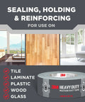 White heavy-duty duct tape 1.88 in x 45 yd, 1 roll, showing multi-surface use for tile, laminate, plastic, wood, glass sealing and holding.