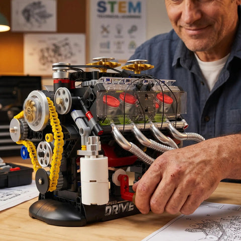 V8 Engine Model Kit For STEM Builders A Real Hands On Build And Drive Display With Full Internal Motion View And Dual Mode Operation Letting You Assemble Observe Run And Show Off A Lean Legit High Tech Mechanical Playground. man assembling plastic V8 model kit with clear engine cover