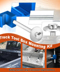 Beefy Heavy Duty Aluminum Truck Tool Box Mounting Kit With Lock Nuts showing blue components and installation on truck bed.